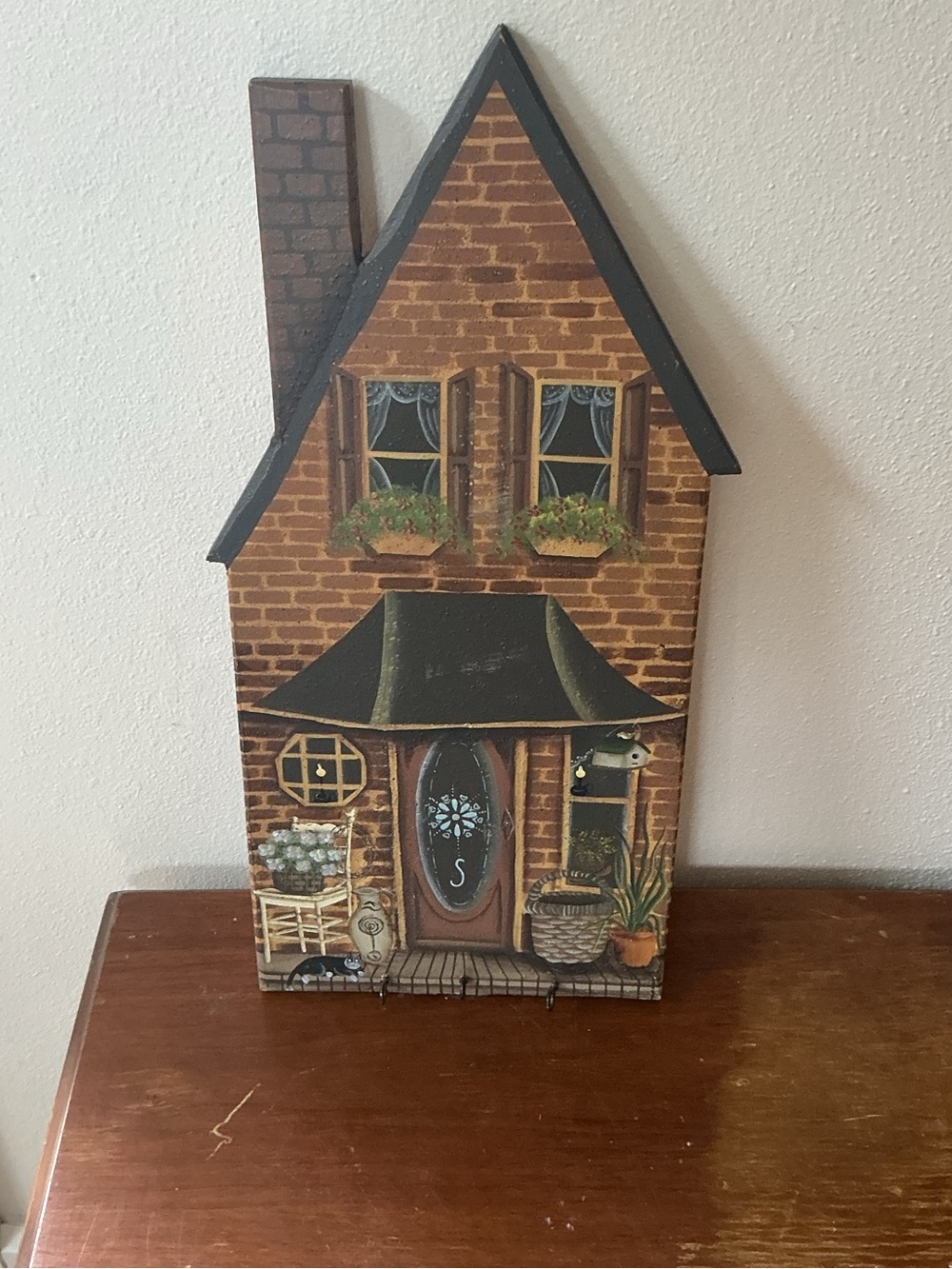 HandPainted Wooden House KEY HOLDER Wall Hanging Decor 4Hooks Blue Country House